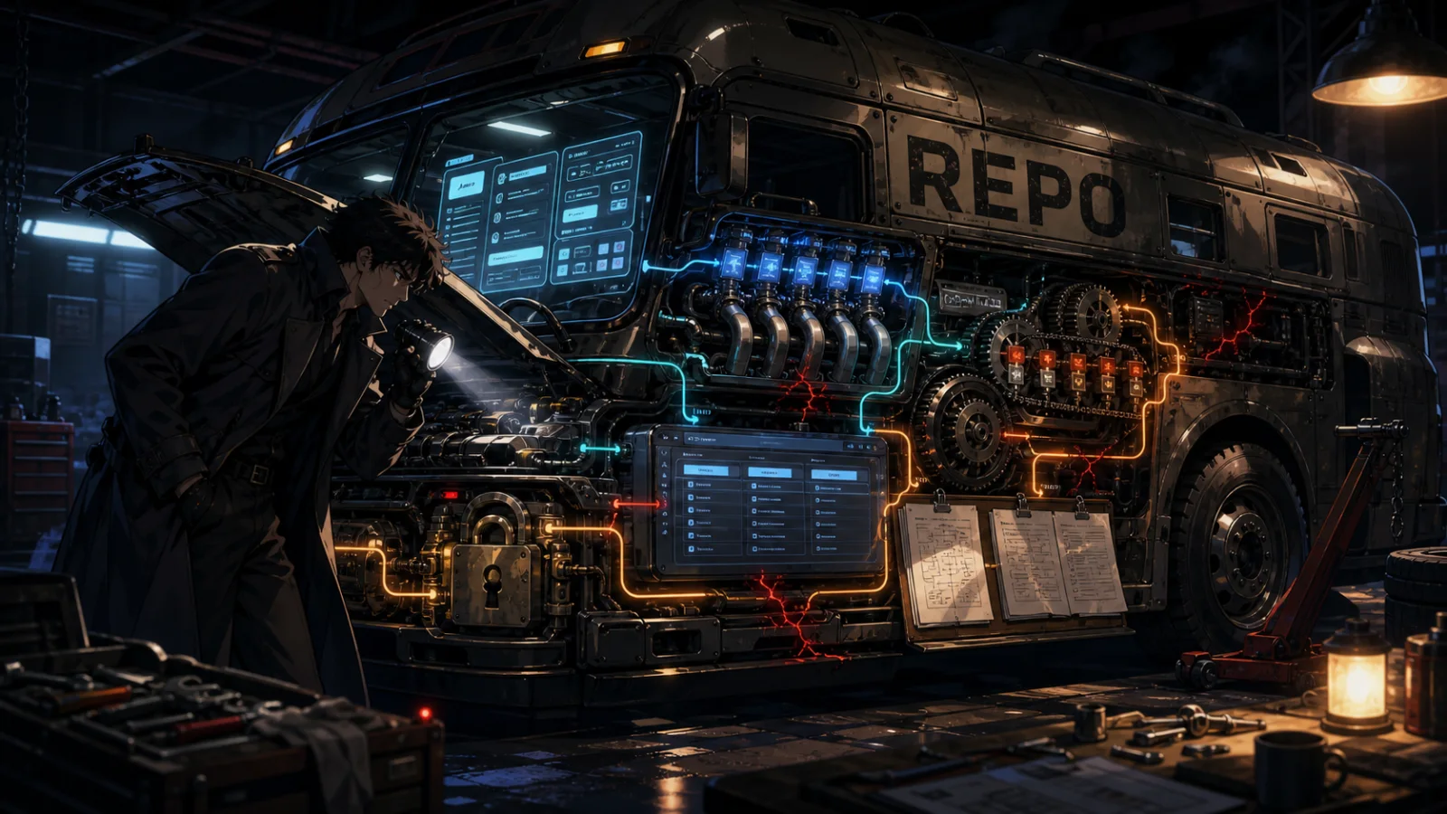 Masculine anime detective inspecting an open REPO vehicle in a dark garage, with UI, API, database, jobs, docs, and auth layers exposed as connected machine parts.