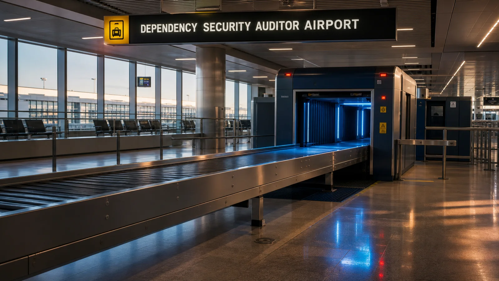 Cinematic airport baggage-security scanner scene with software dependency luggage and red blue scanner lighting.