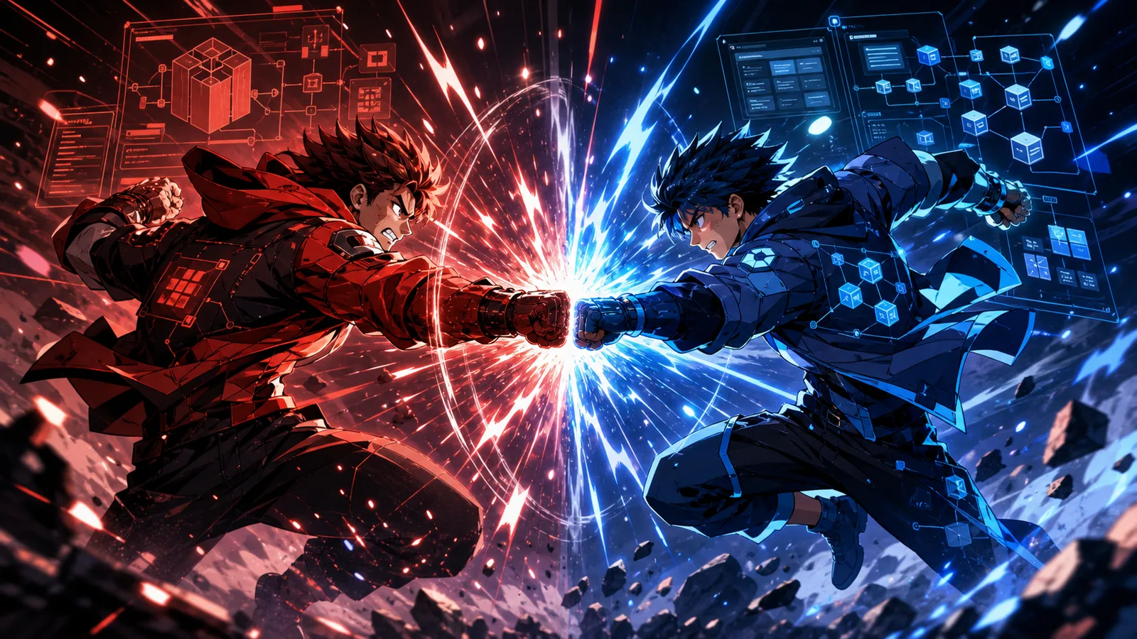 Two original anime-inspired engineering fighters, one red and one blue, colliding punches in a high-energy architecture battle.