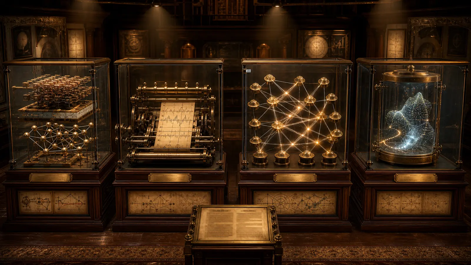 Vintage museum gallery with four glass display cases representing spatial, temporal, attention-based, and generative neural-network architecture families.