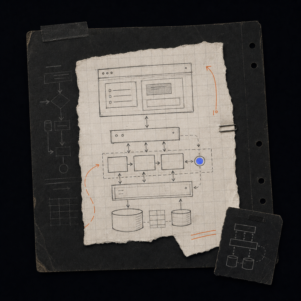 Editorial architecture sketch showing connected application, service, and data layers on graph paper