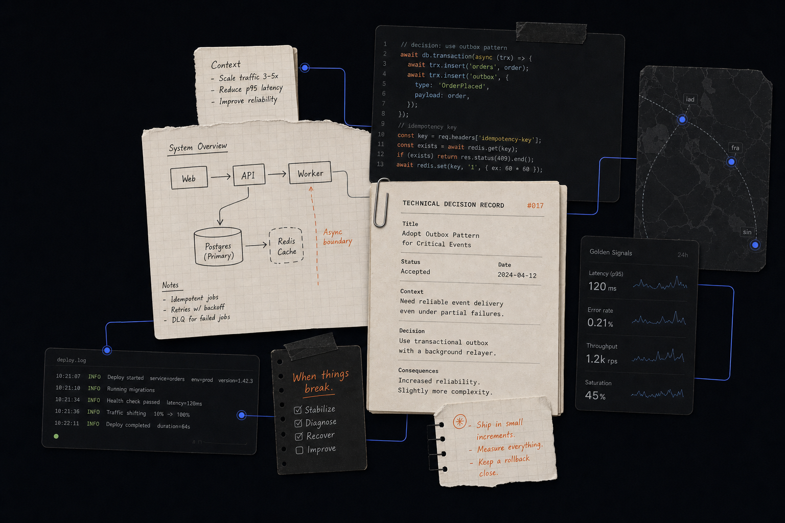 Technical editorial collage combining architecture notes, a decision record, code, deployment logs, and production signals