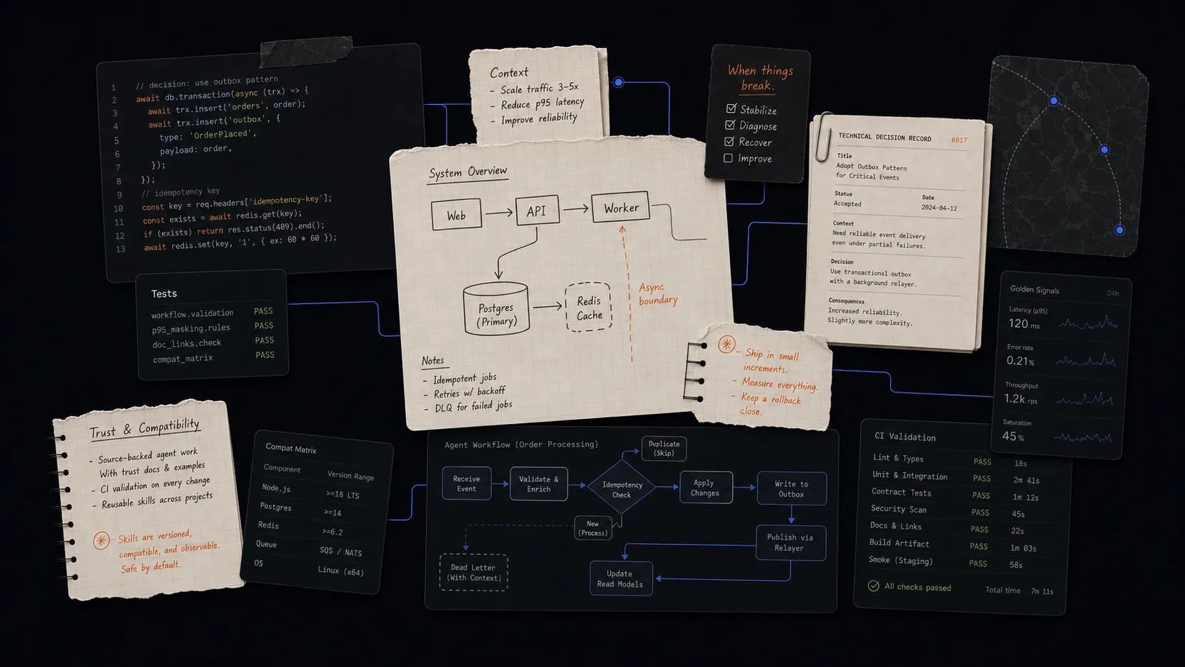 Editorial evidence desk showing architecture notes, workflow diagrams, compatibility guidance, and CI checks for Hawary Workflow Skills